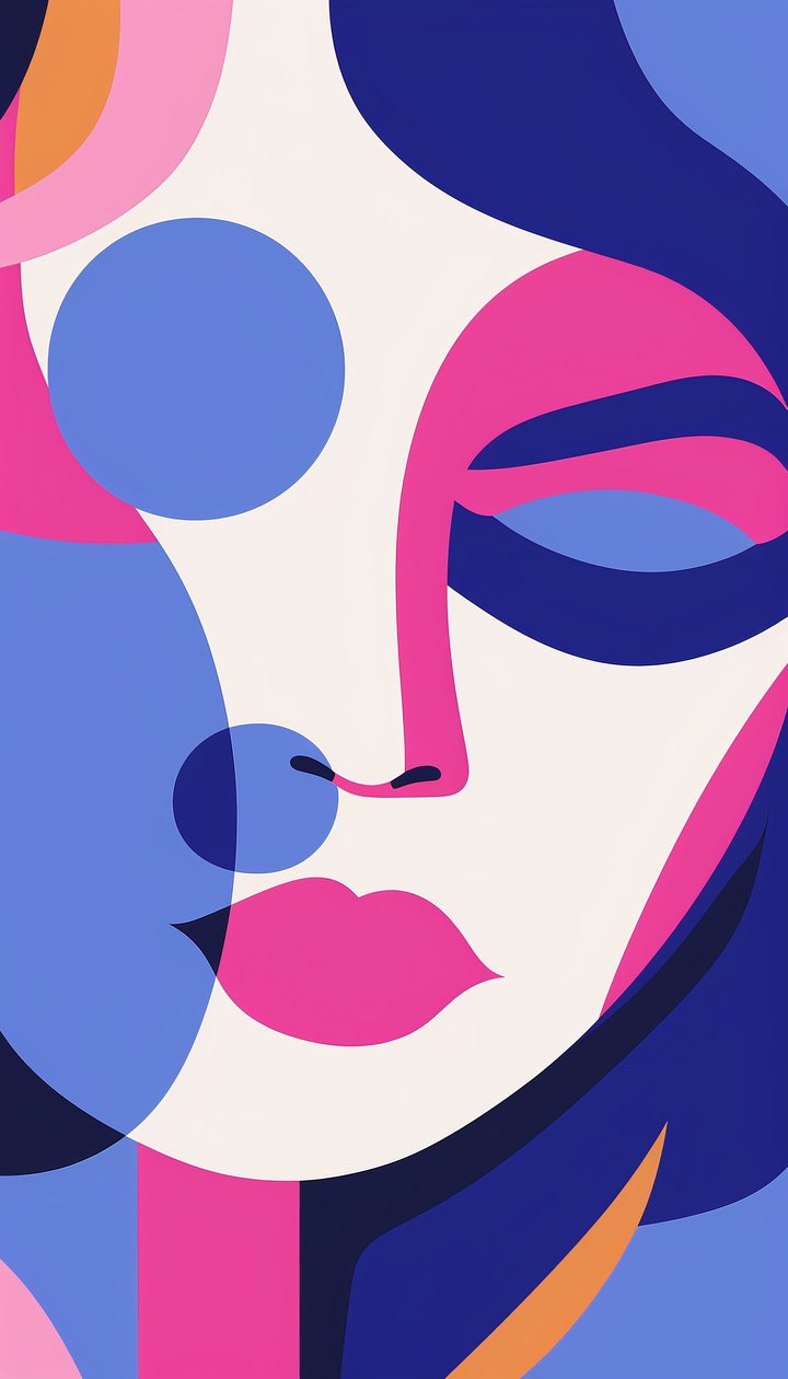 Minimalistyczny portret kobiety w fioletowych kolorach i bieli | grafika ścienna na płótnie autorstwa F. Abderrahim