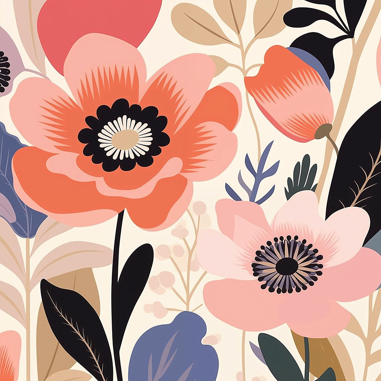 Ilustracja botaniczna pastelowe odważne kwiaty, styl matisse | grafika ścienna autorstwa F. Abderrahim