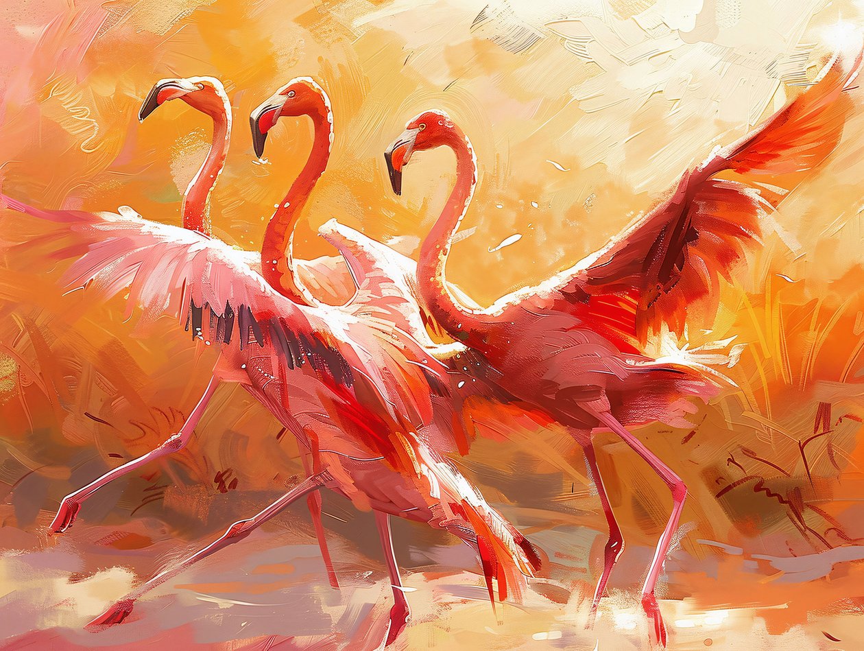 Abstrakcyjny obraz tańczących flamingów, wydruki na płótnie i dekoracja ścienna pokoju autorstwa F. Abderrahim