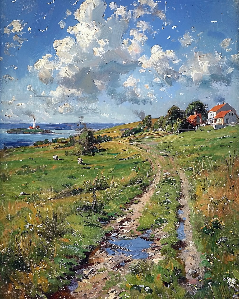 Panoramiczny wiosenny krajobraz wiejskiej Francji, dekoracja ścienna do pokoju autorstwa F. Abderrahim