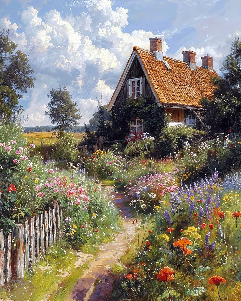 Ładny dom, ogród kwiatowy, krajobraz botaniczny, wydruki na płótnie autorstwa F. Abderrahim