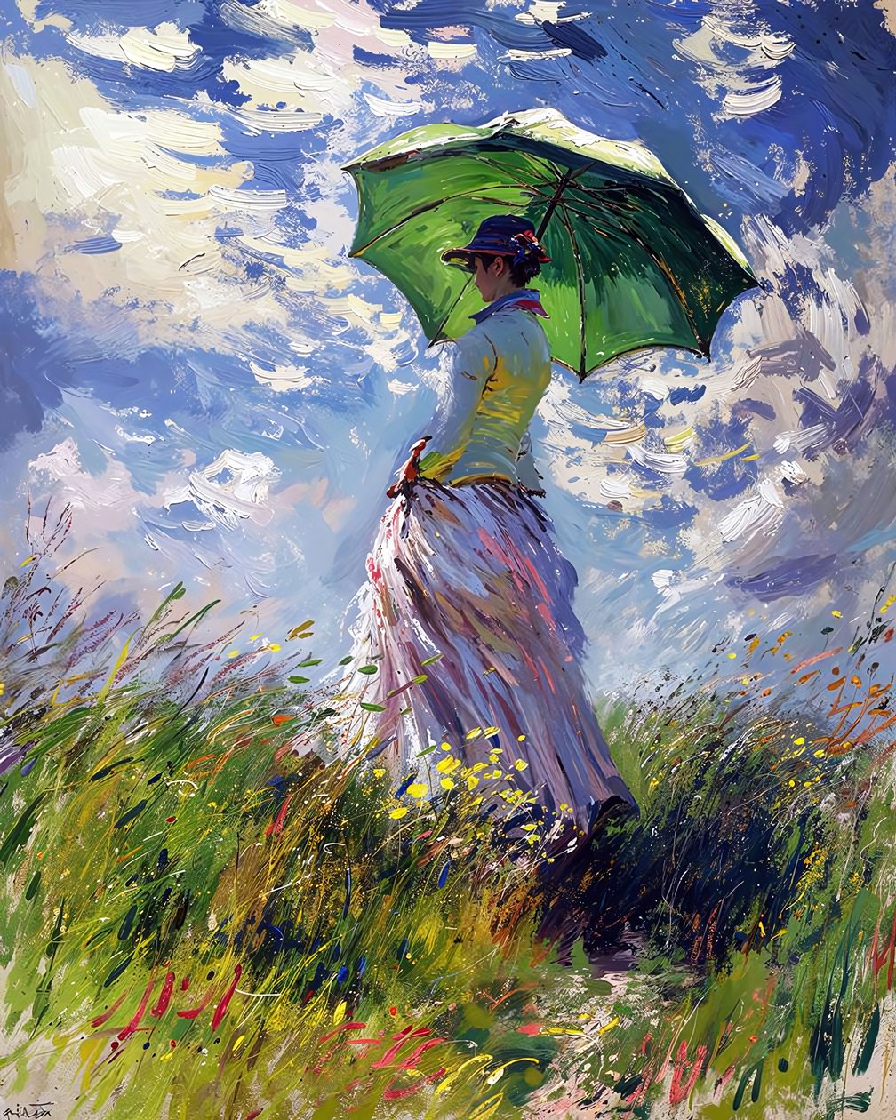 Kobieta w sukience trzymająca parasol idąca wiosną po zielonym wzgórzu autorstwa F. Abderrahim