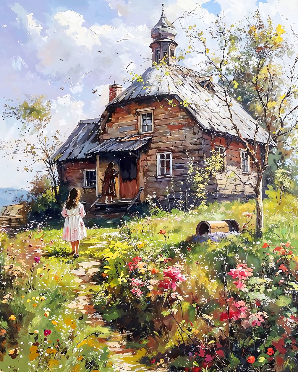 Dziewczynka i jej matka przed drewnianym domem, ściana Decor autorstwa F. Abderrahim
