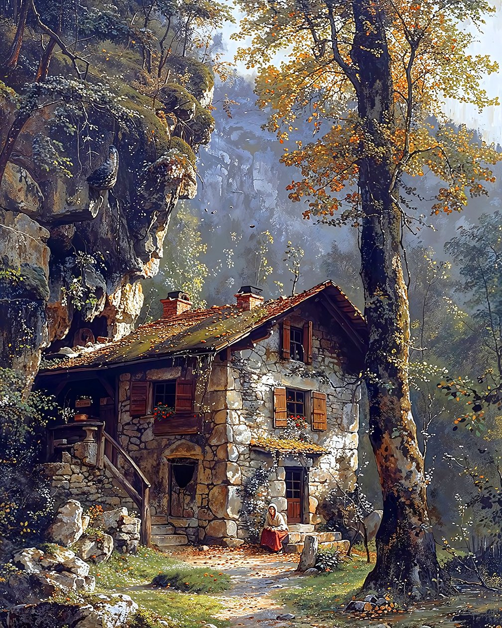 Stary wiejski dom w środku lasu na szczycie góry autorstwa F. Abderrahim