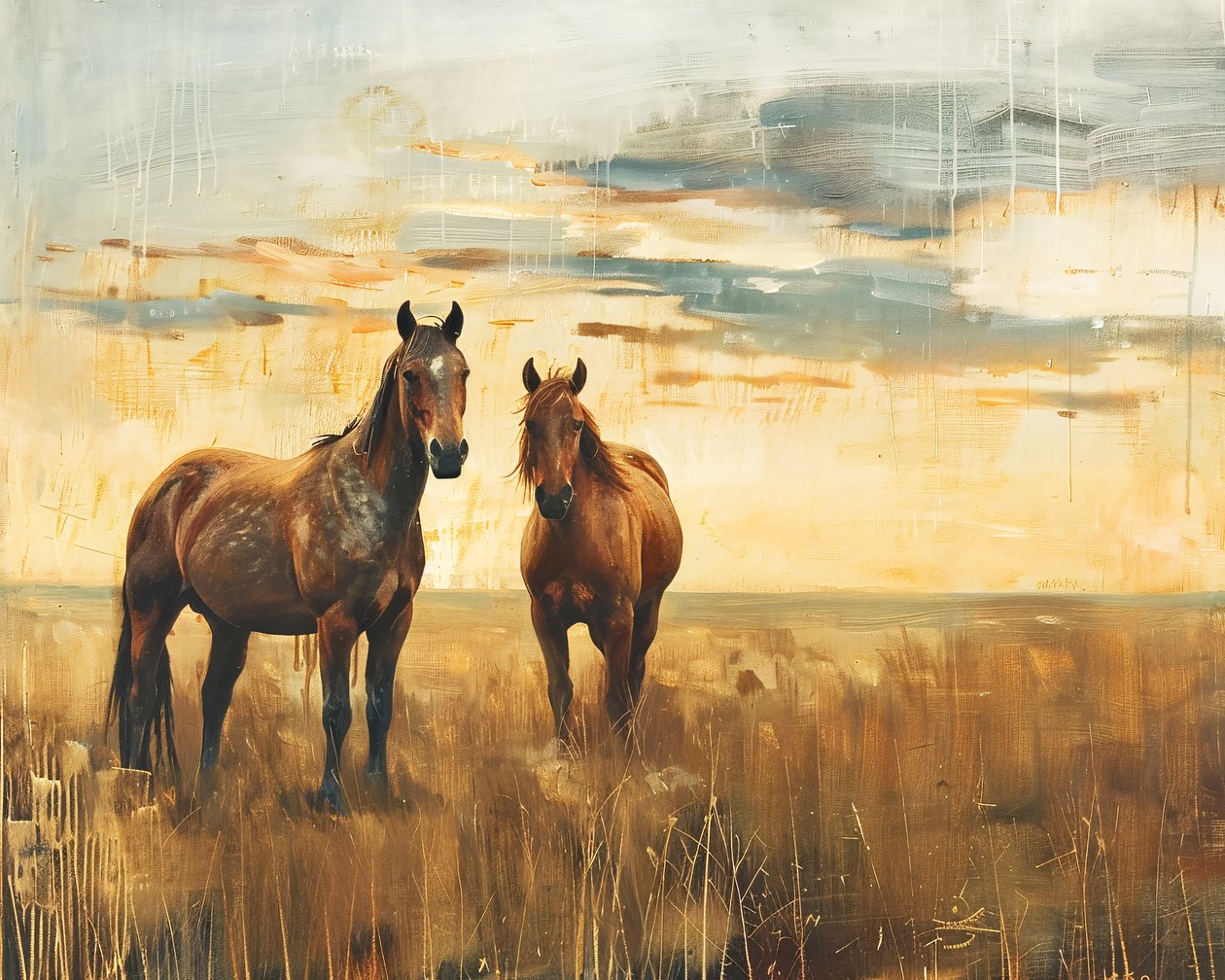 Obraz olejny Majestic Horses in a Field at a Sunset, płótno i dekoracja ścienna autorstwa F. Abderrahim