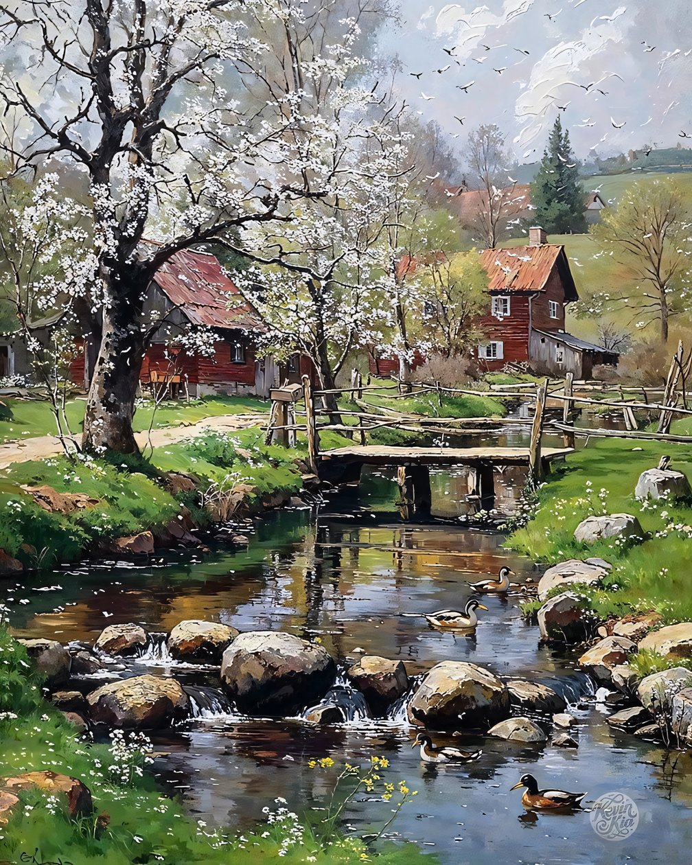 The Mill Cottage in Spring, olej na płótnie, dekoracja ścienna w ramie autorstwa F. Abderrahim