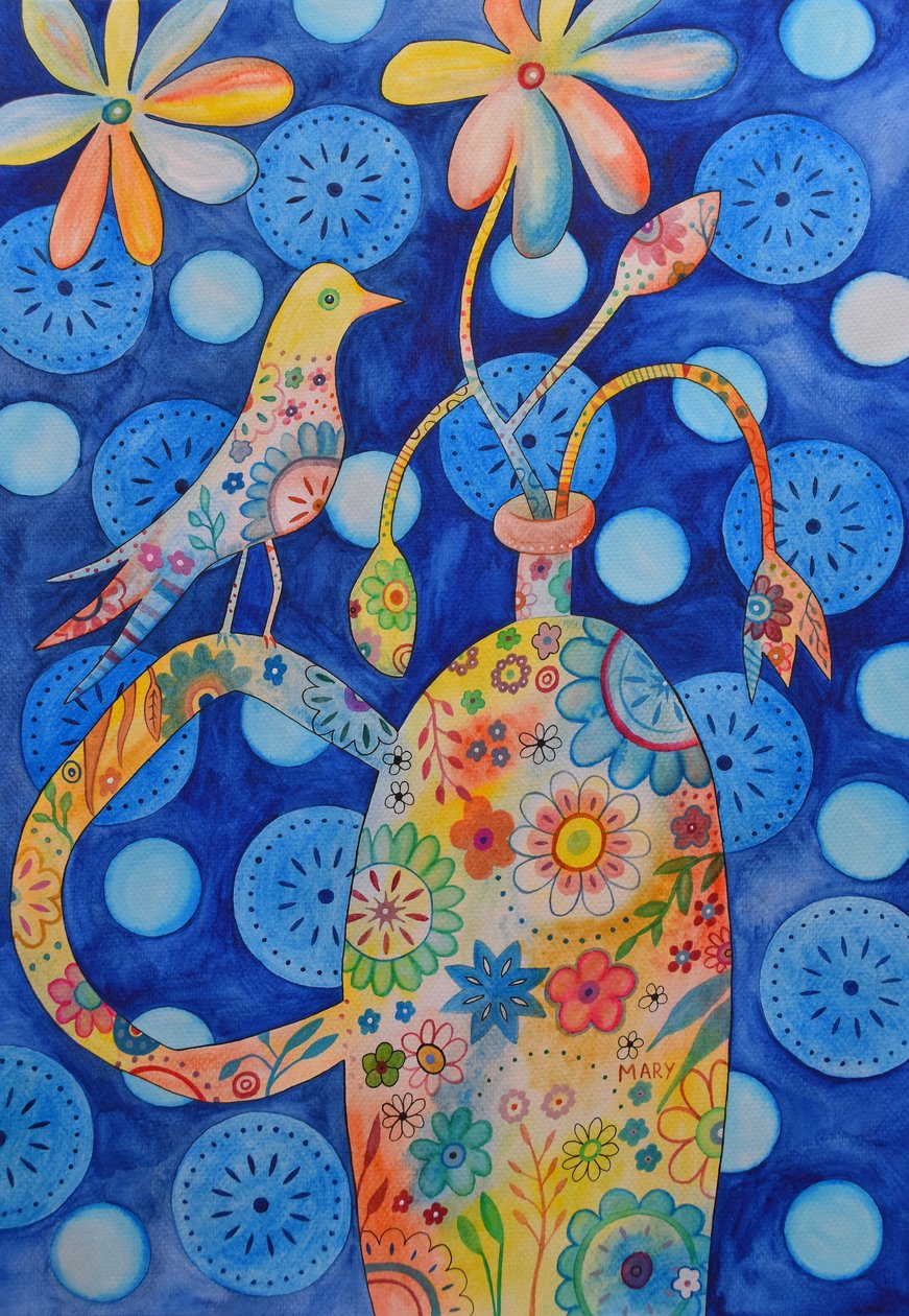 Ptak na wazonie z kwiatami autorstwa Marys Watercolors