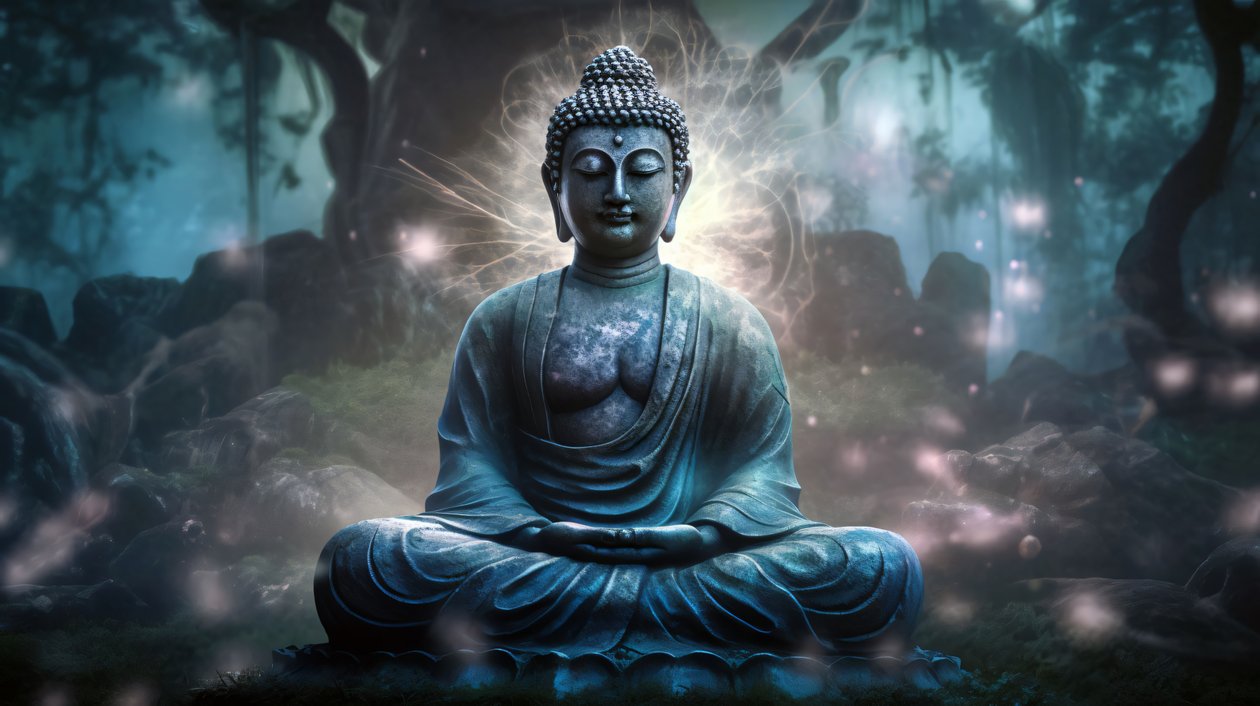 Budda siedzący w spokojnej medytacji, duchowe płótno buddyjskie, grafika ścienna w ramie autorstwa F. Abderrahim