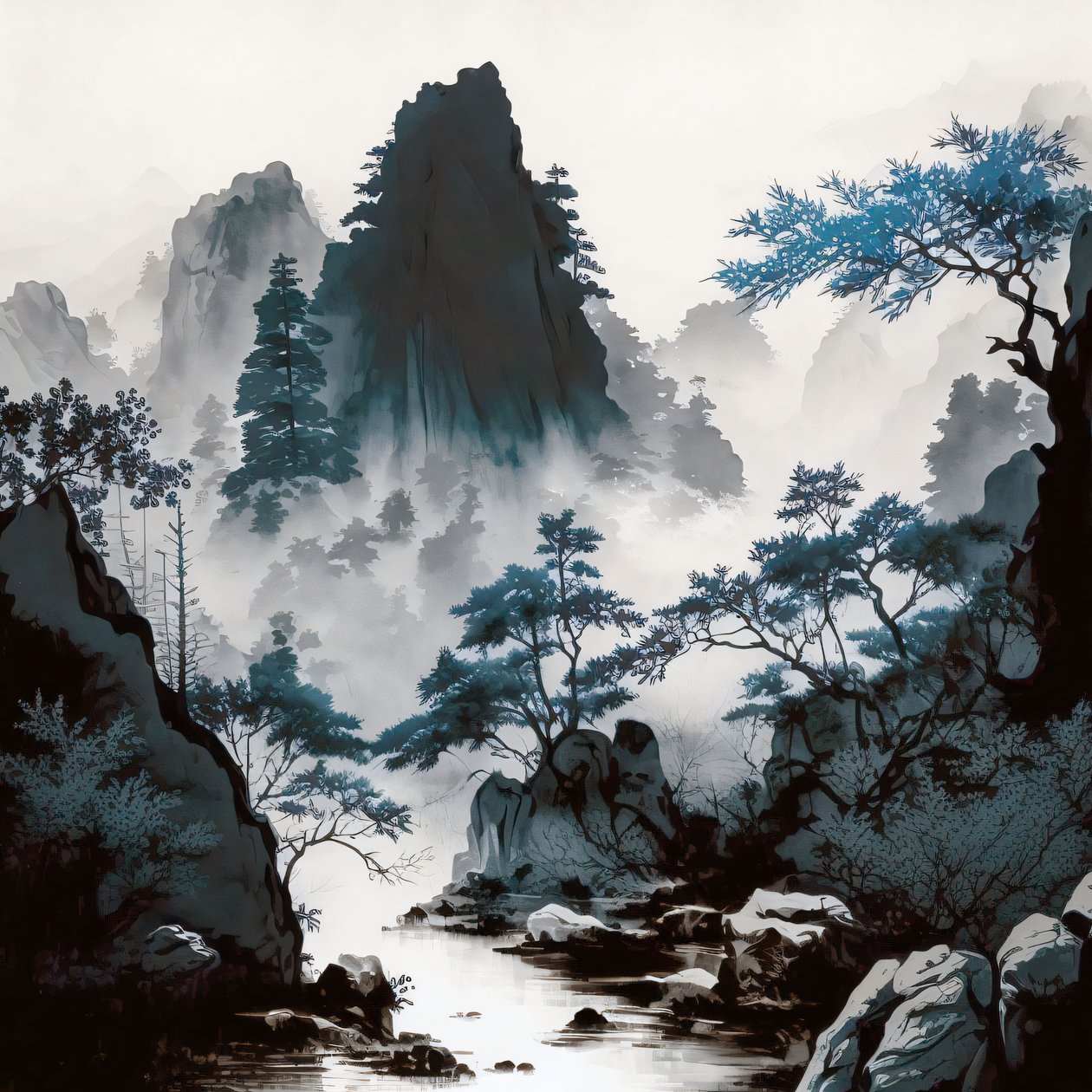 Cyjanotypia Mountain River Mist w stylu Shan Shui, oprawione wydruki dekoracji ściennych autorstwa F. Abderrahim