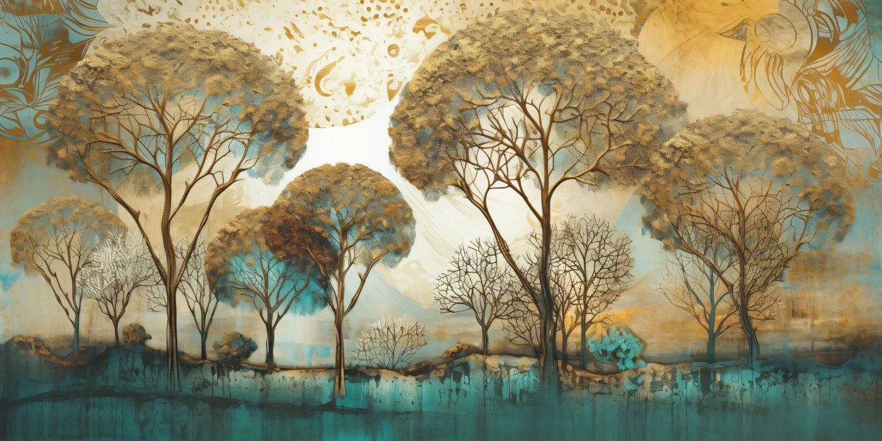 Surrealistyczna abstrakcja w delikatnych odcieniach, krajobraz drzew, grafika ścienna na zamówienie autorstwa F. Abderrahim