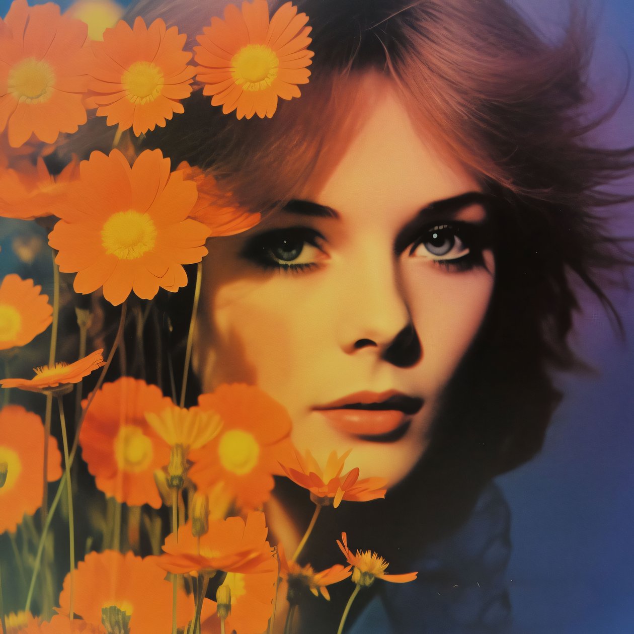 portret kobiety w stylu vintage i kwiaty, A Retro Floral Vision, grafiki online autorstwa F. Abderrahim