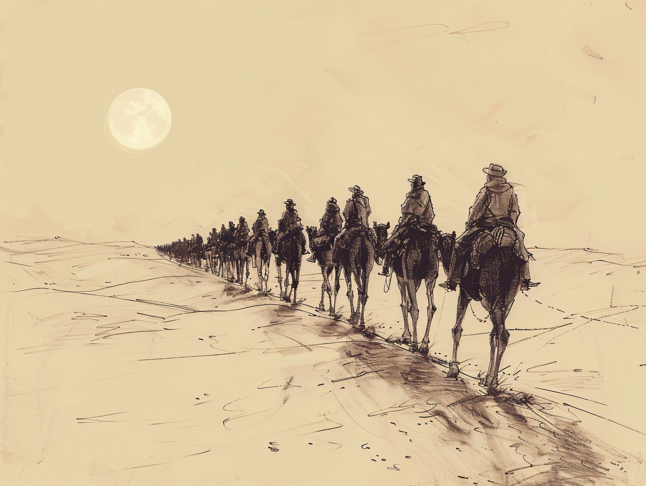 Desert Sun Procession Minimalistyczny jednowierszowy szkic, dekoracja ścienna na sprzedaż autorstwa F. Abderrahim