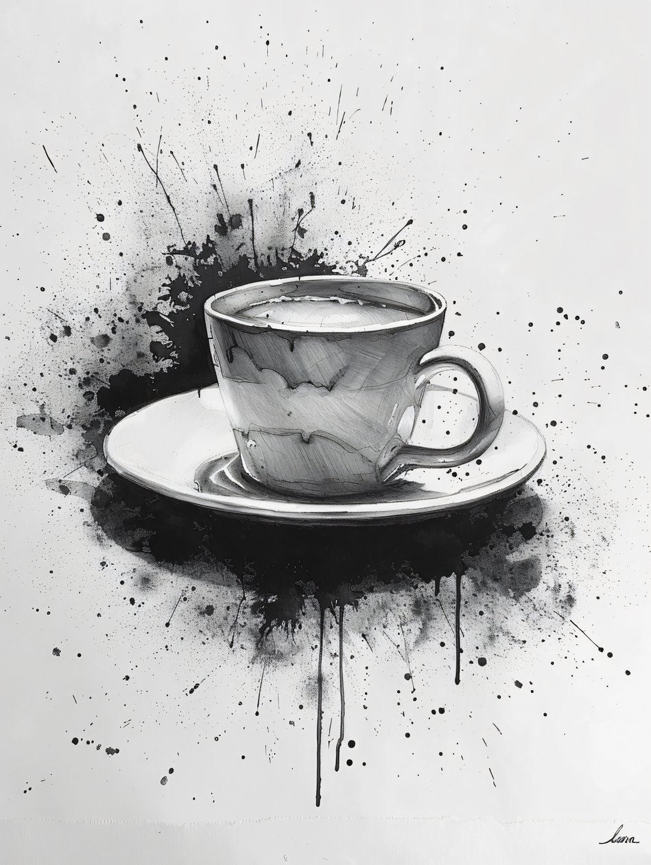 Minimalistyczna jednoliniowa scena noir z plamami kawy, grafiki online autorstwa F. Abderrahim