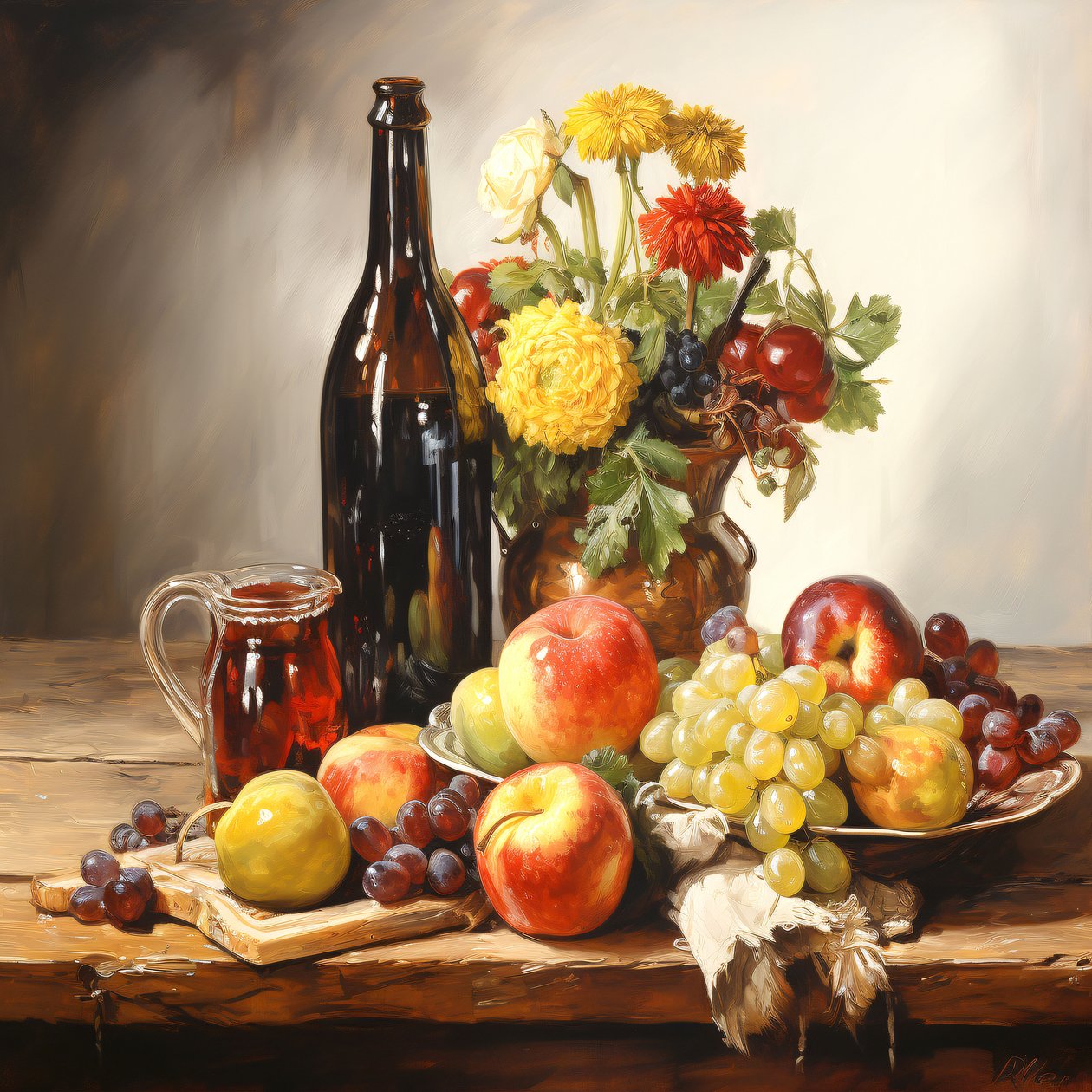 Martwa natura, kwiaty, owoce i wino, wydruki ścienne Home Decor autorstwa F. Abderrahim