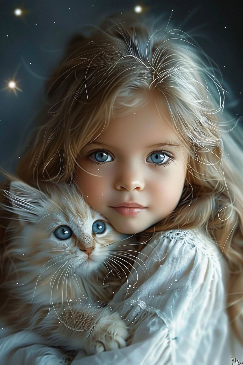 The Girl and Her Cat A Bond of Big Blue Eyes and Love, grafika ścienna w ramce autorstwa F. Abderrahim
