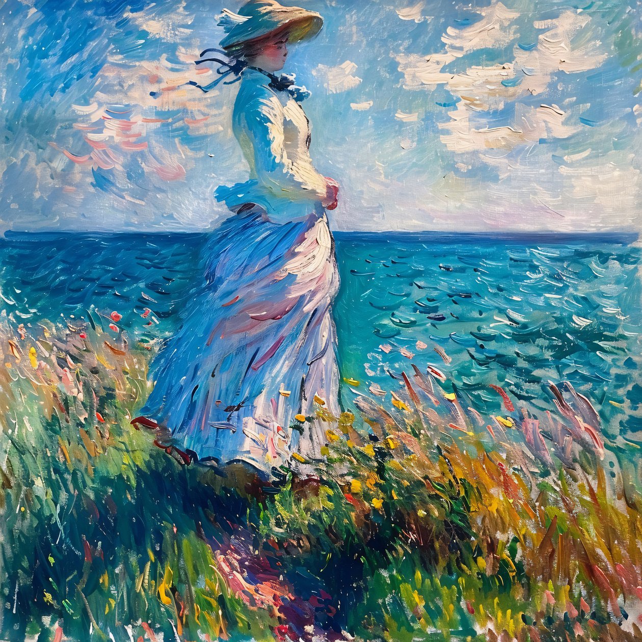 Młoda kobieta w sukience na łonie natury, stojąca na plaży, styl Moneta autorstwa F. Abderrahim