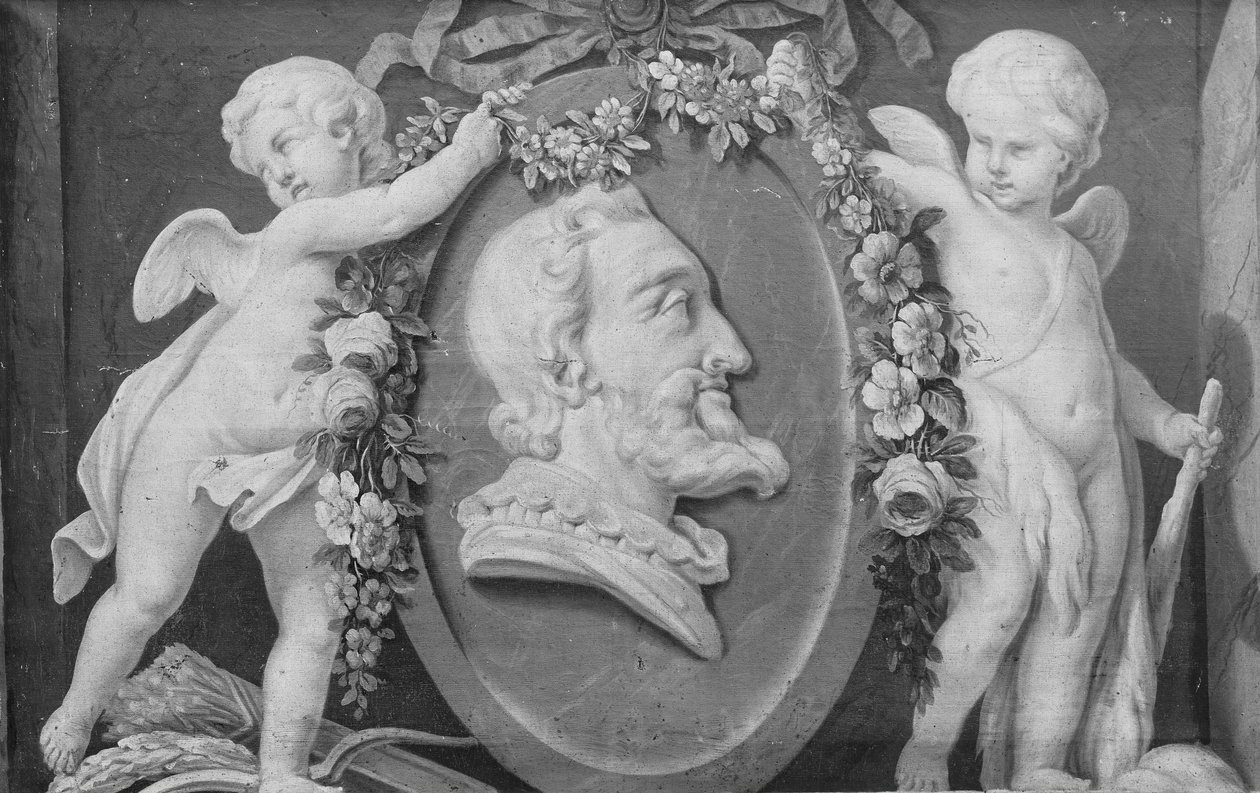 Popiersie Henryka IV w owalnym medalionie z niebieskim podkładem wspartym na dwóch amorkach, XVIII w. autorstwa 18th century . French Painter