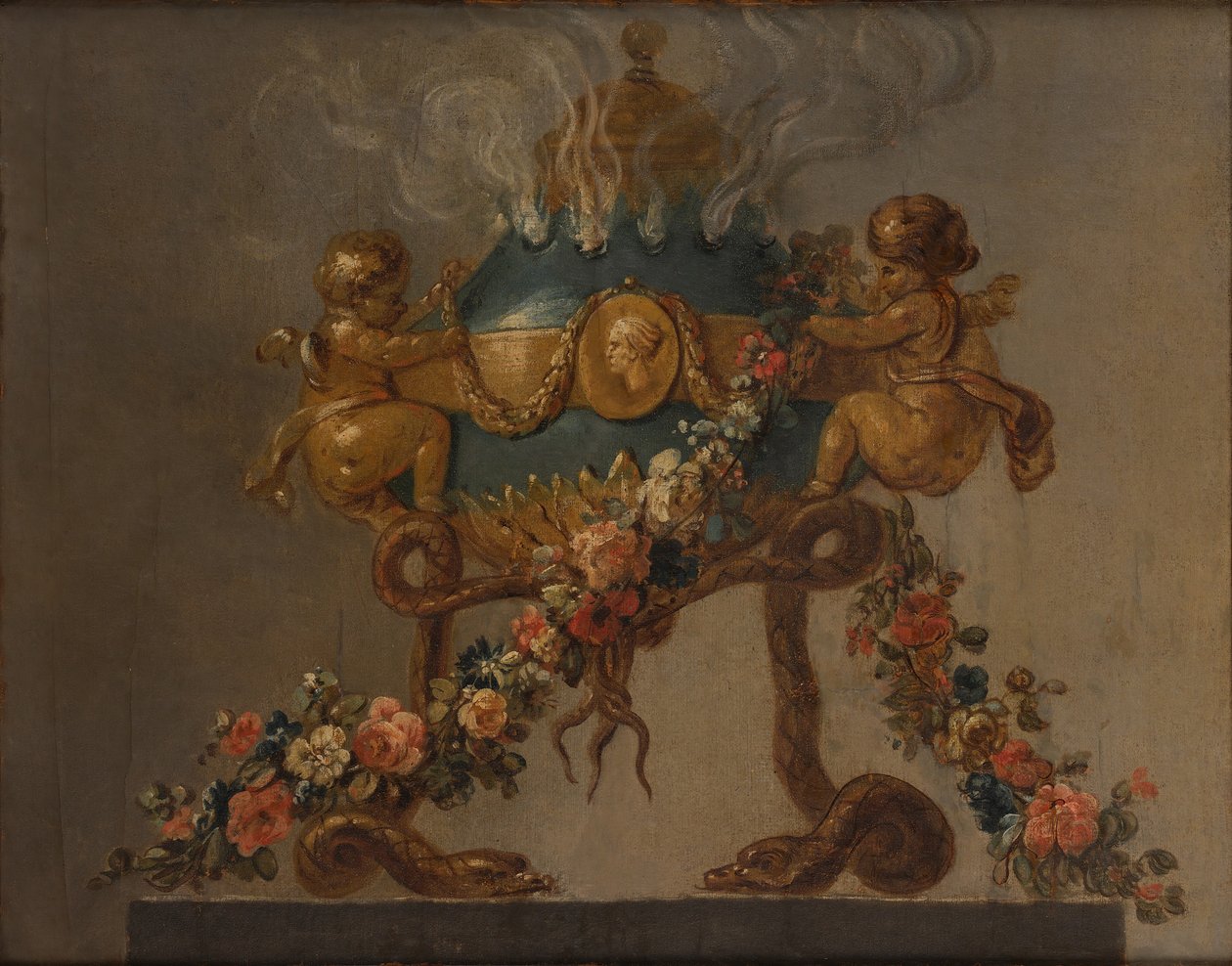 Palnik na perfumy wsparty na amorini i wężach, ozdobiony kwiatami, XVIII wiek. autorstwa 18th century . French Painter