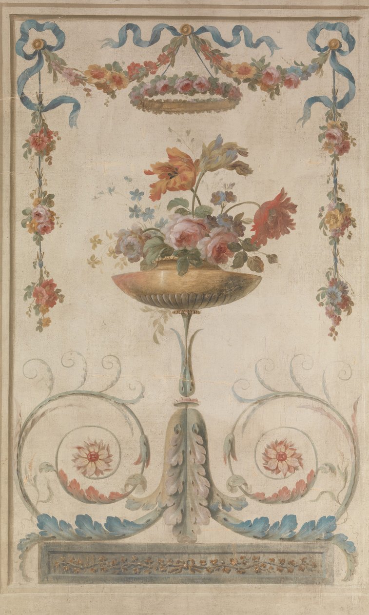 Wazon z kwiatami spoczywający na zwojach liściowych, 1770-90. autorstwa 18th century . French Painter