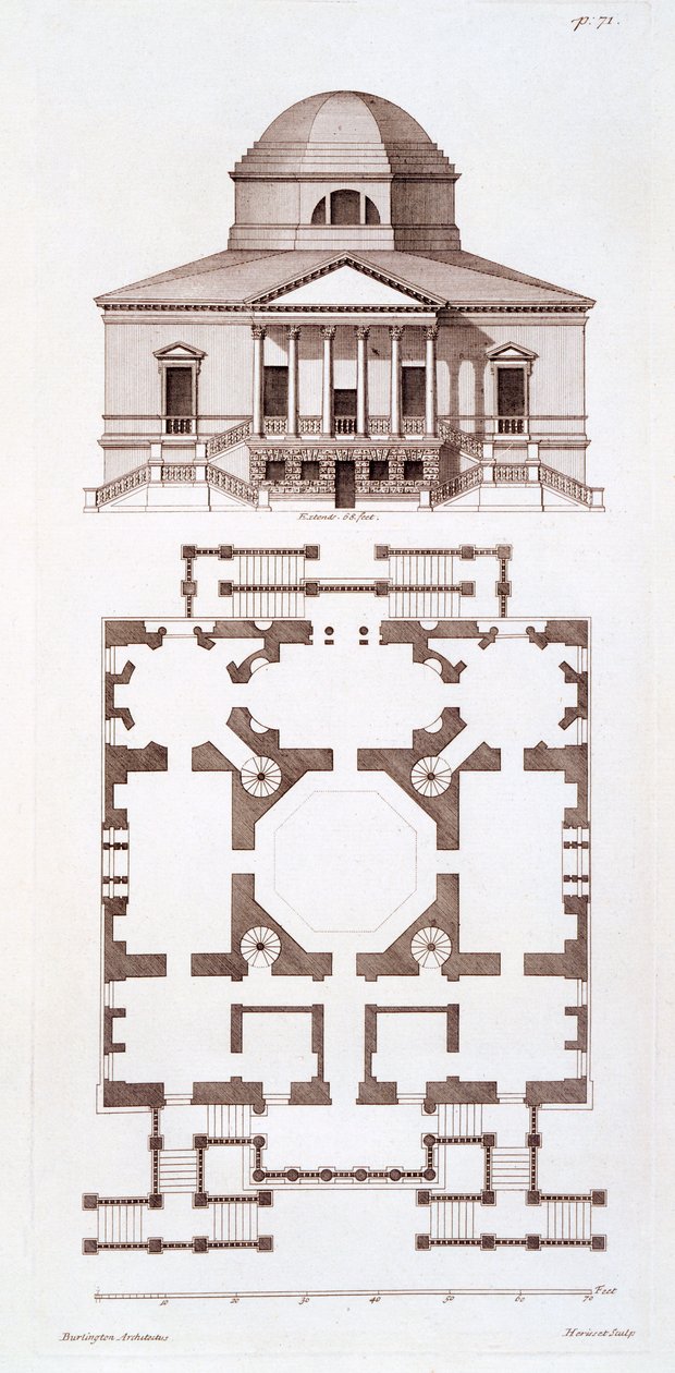 Plan i elewacja Chiswick House, grafika wykonana przez Herisset, ok. 1720 autorstwa 3rd Earl of Burlington