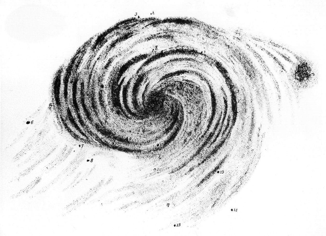 Obserwacja galaktyki spiralnej w Canes Venatici narysowanej przez Lorda Rosse, 1850 autorstwa 3rd Earl of Rosse William Parsons