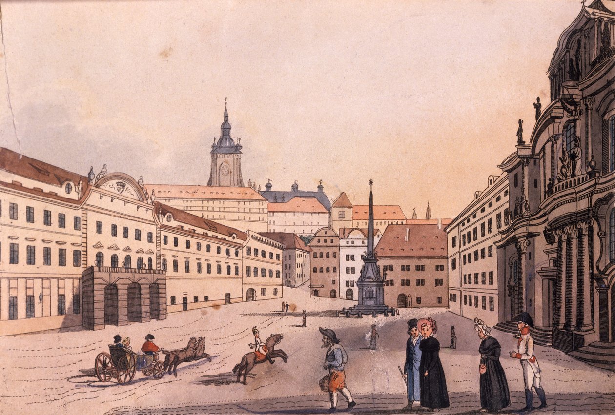 Plac Górny Malostranské (Mała Dzielnica), Praga, ok. 1810 (kolorowa akwaforta) autorstwa A. and Berka, Johann Gustav