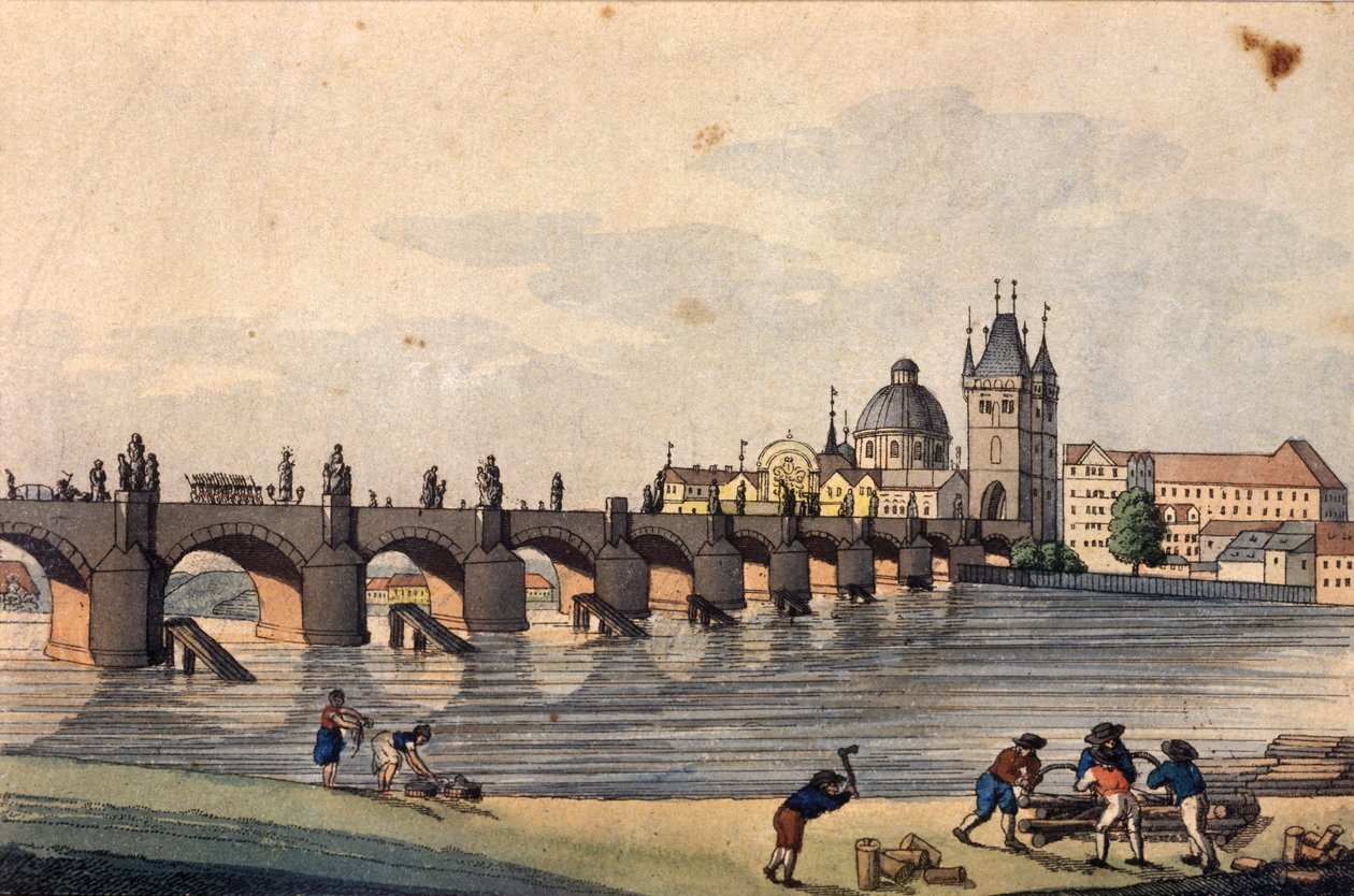 Widok Mostu Karola z wyspy Kampa, Praga, ok. 1810 (kolorowa akwaforta) autorstwa A. and Berka, Johann Gustav
