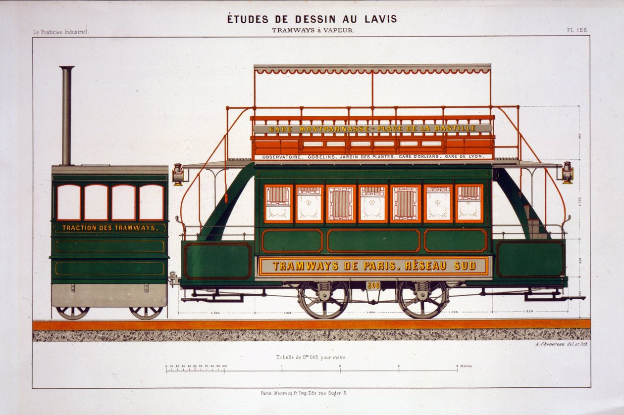 Projekt tramwaju parowego, tablica 126 z "The Industrial Practitioner", wyryta przez artystę autorstwa A. Cheneveau
