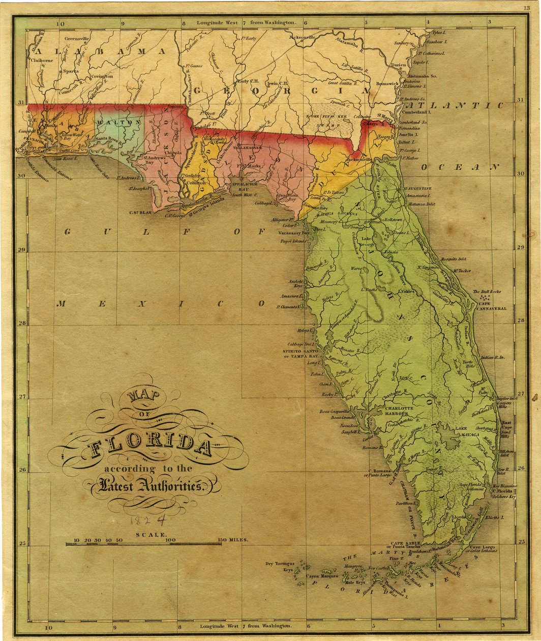 Mapa Florydy, 1826 r. autorstwa A. Finley
