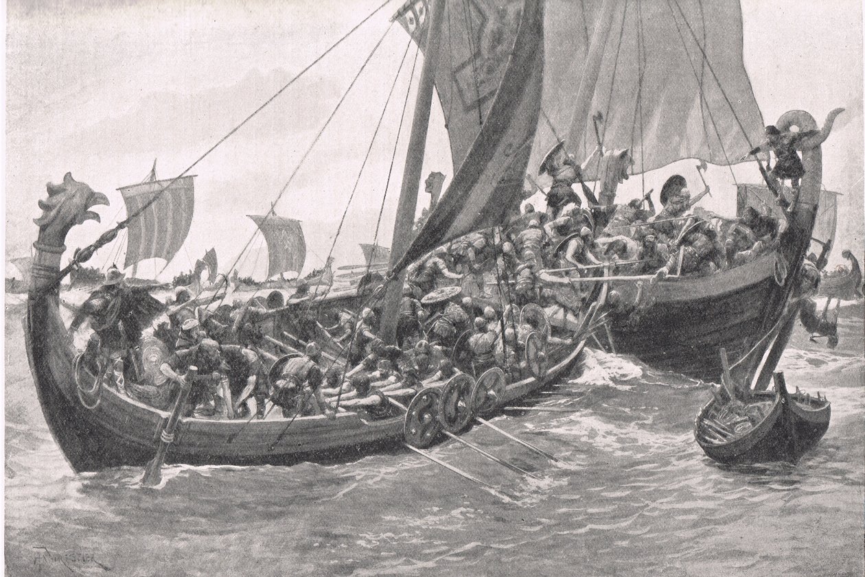 Pierwsza bitwa morska w Wielkiej Brytanii, ilustracja z brytyjskich bitew lądowych i morskich, wydana przez Cassell, Londyn, ok. 1910 autorstwa A. Forrestier