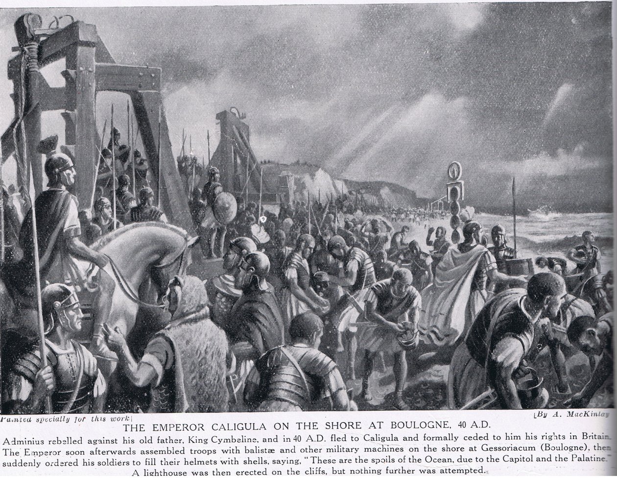 Cesarz Kaligula na brzegu w Boulogne, ilustracja z Historii Narodów Hutchinsonów, ok. 1910 autorstwa A. MacKinlay