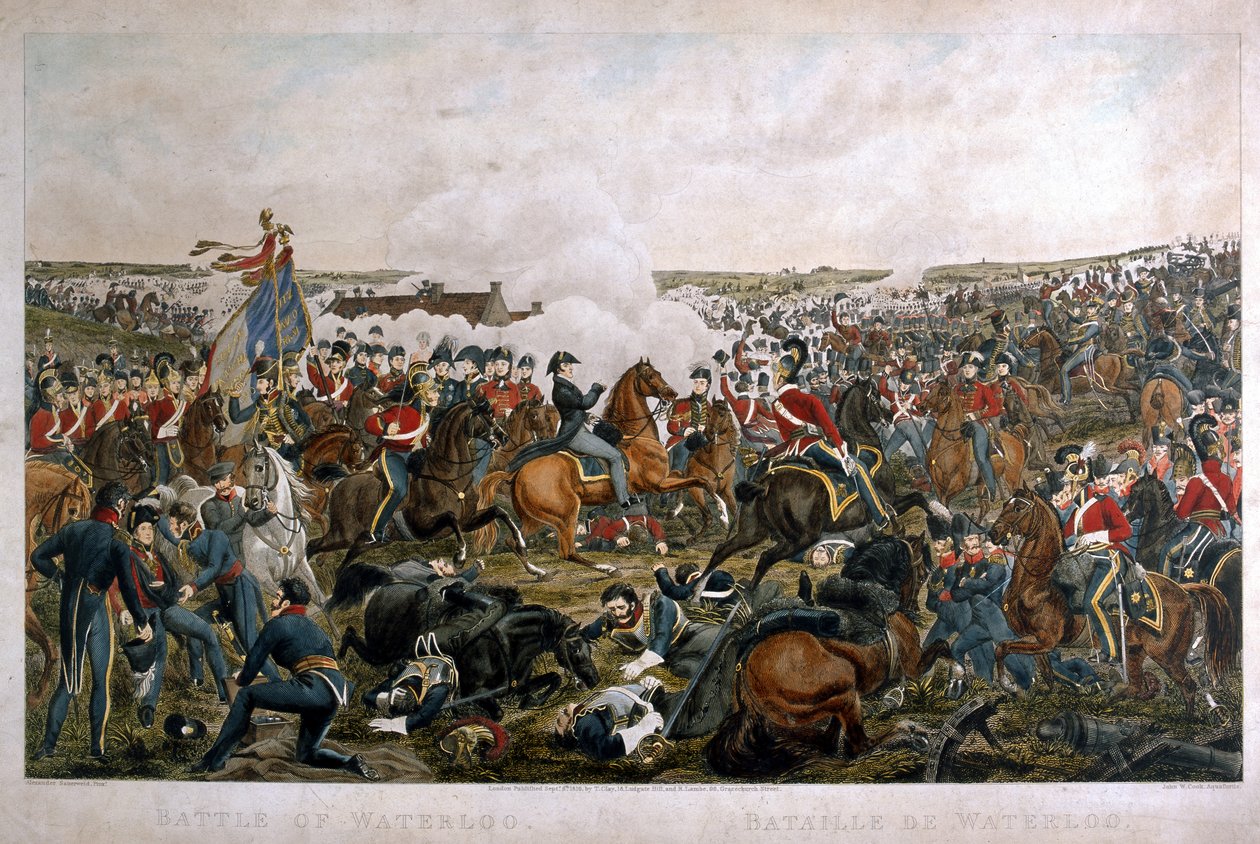 Bitwa pod Waterloo, 1815, rytowana przez J.A. Kucharz, 1816 (kolorowa akwatinta) autorstwa A. Sauerweld