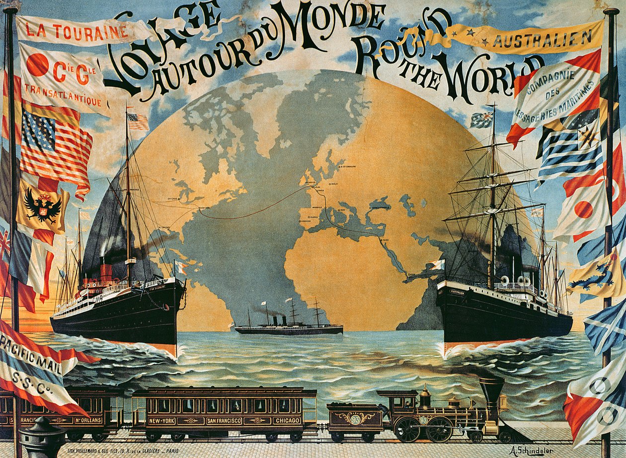 „Podróż dookoła świata”, plakat „Compagnie Generale Transatlantique”, koniec XIX wieku autorstwa A. Schindler