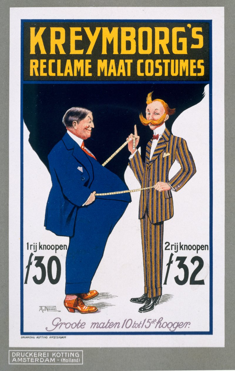 Reklama kostiumów Maat, plakat reklamujący holenderskich krawców Kreymborgs, 1914 autorstwa A. von Roessel