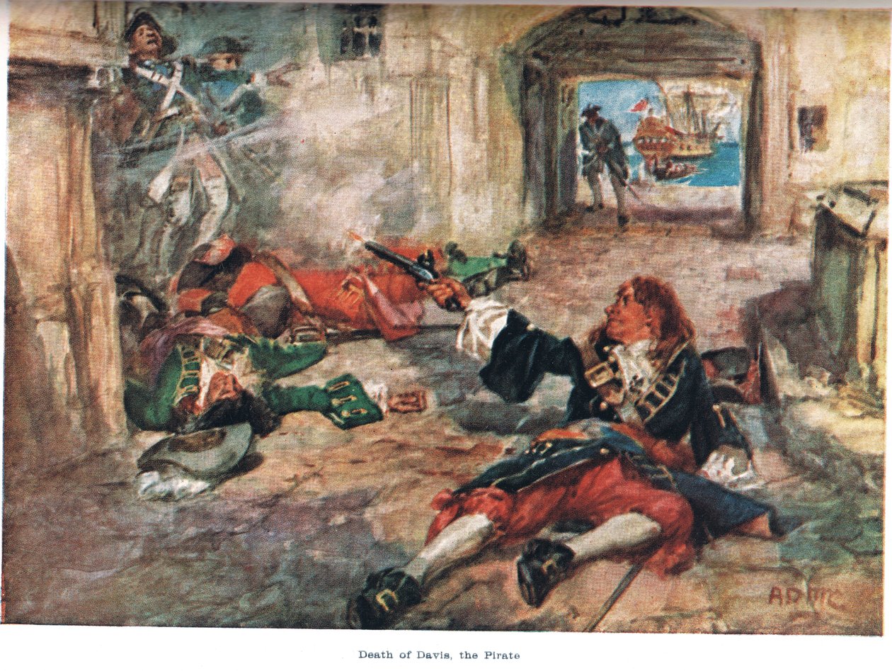Śmierć pirata Davisa, ilustracja z „Krainy złotego handlu”, wydanej przez Jacka w 1921 r. autorstwa A.D. McClintock