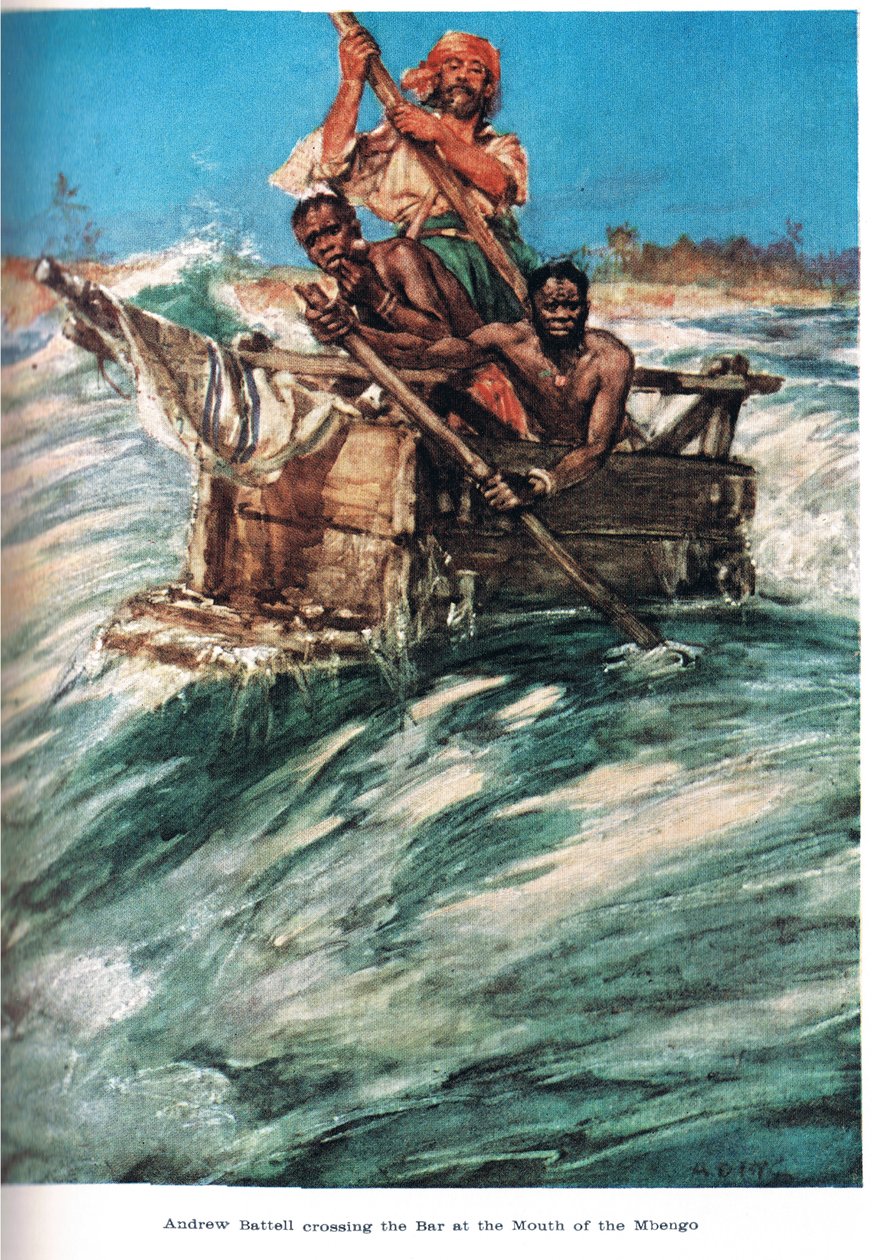 Battell przybywa do ujścia Mbengo, ilustracja z „Krainy złotego handlu”, wydanej przez Jacka w 1921 roku autorstwa A.D. McClintock