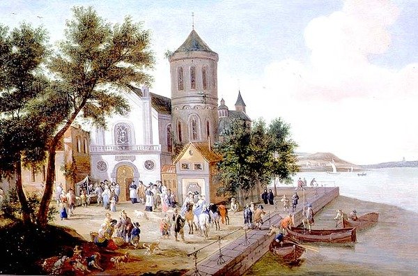Nadmorski krajobraz z postaciami na placu kościelnym autorstwa A.F. and Bouts P. Boudewyns