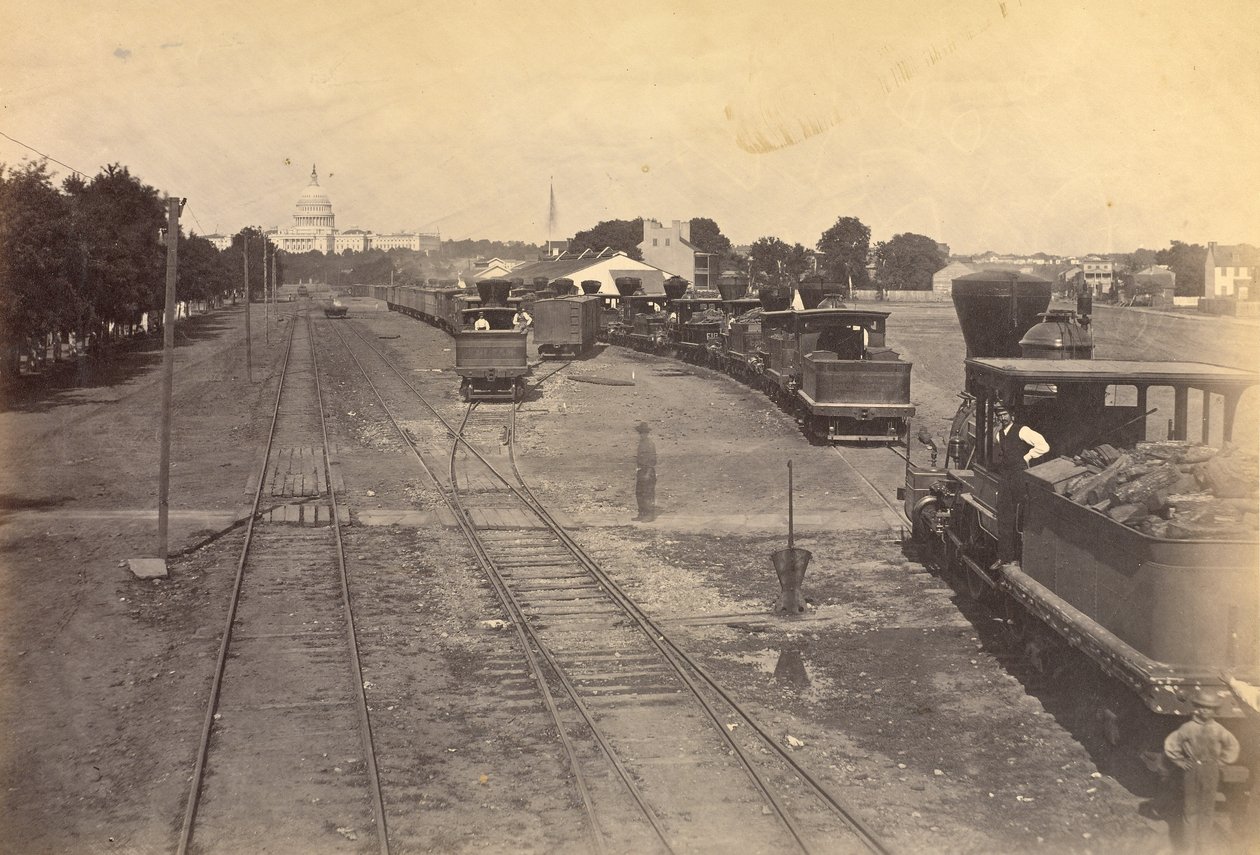 Nr 189. Maryland Avenue Depot, Waszyngton, D.C., Z silnikami wysłanymi z Aleksandrii dla bezpieczeństwa. autorstwa A.J. Russell