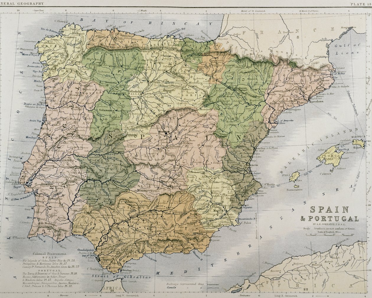 Mapa Hiszpanii i Portugalii, ok. 1869 r. autorstwa Alexander Keith Johnston