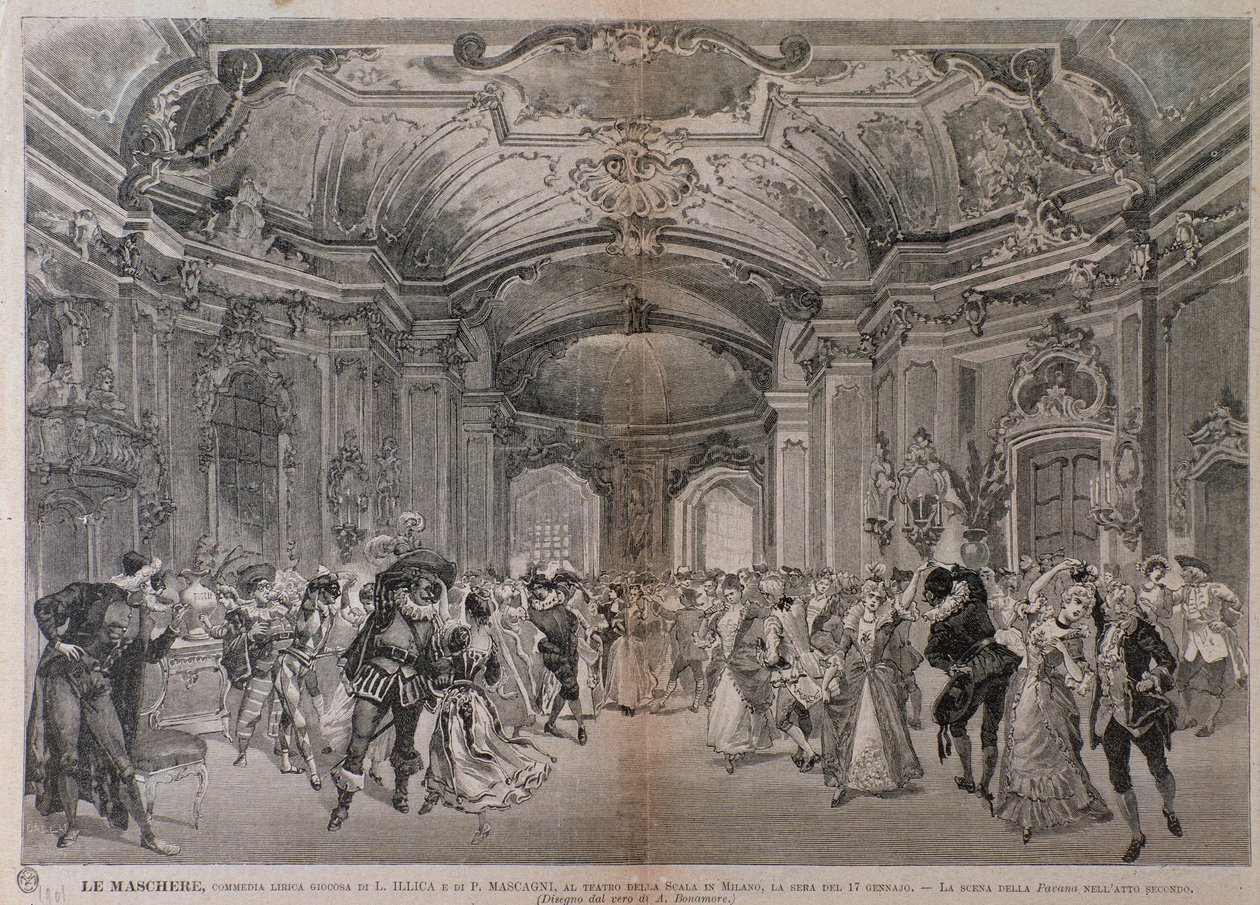 Ilustracje do opery Le Maschere Pietro Mascagniego do spektaklu w teatro alla Scala w Mediolanie autorstwa A. (after) Bonamore