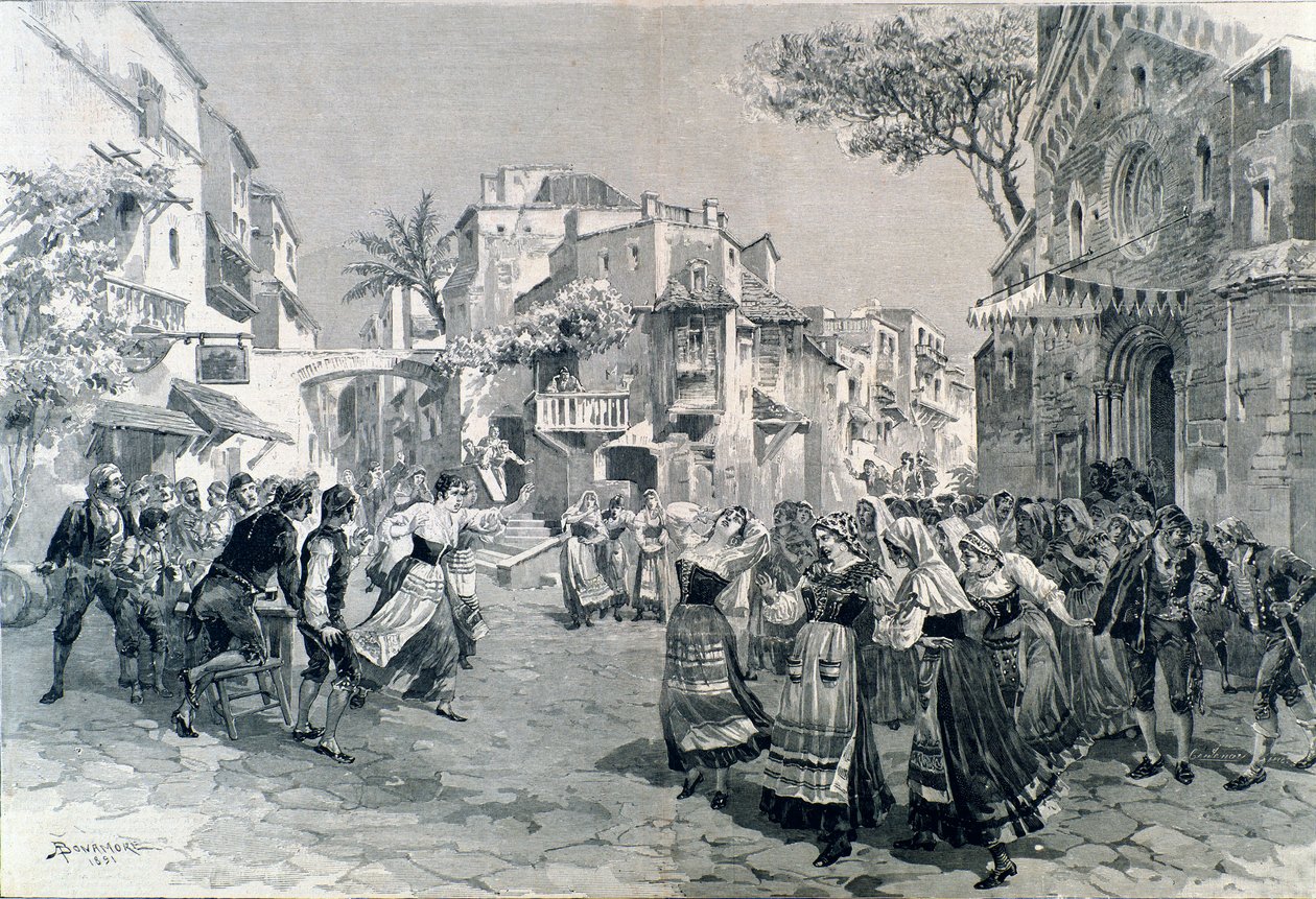 Ostatnia scena Cavalleria rusticana, opery Mascagniego, w teatro alla scala w 1891 roku autorstwa A. (after) Bonamore