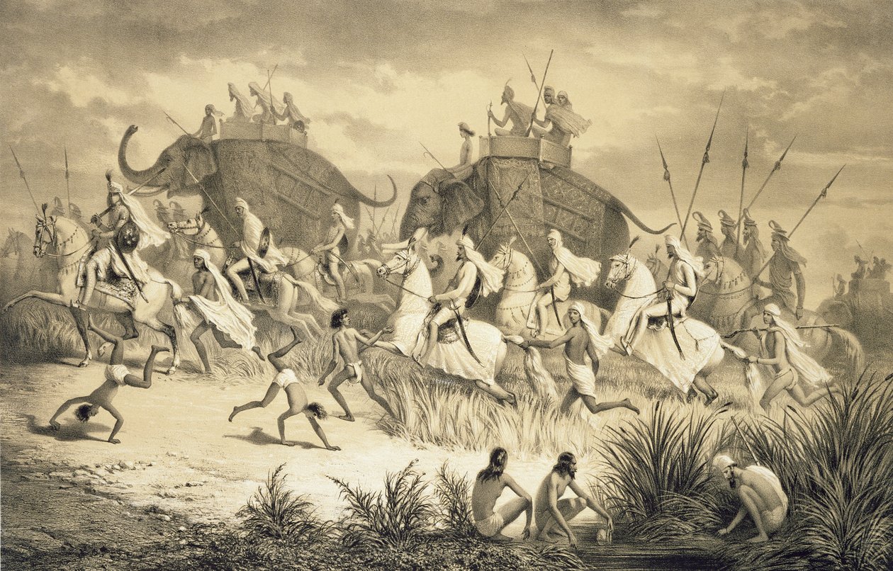 Kawalkada wodzów Sikhów na słoniach, z „Podróży w Indiach”, wyryta przez pub Louis Henri de Rudder (1807-81). w Londynie autorstwa A. (after) Soltykoff