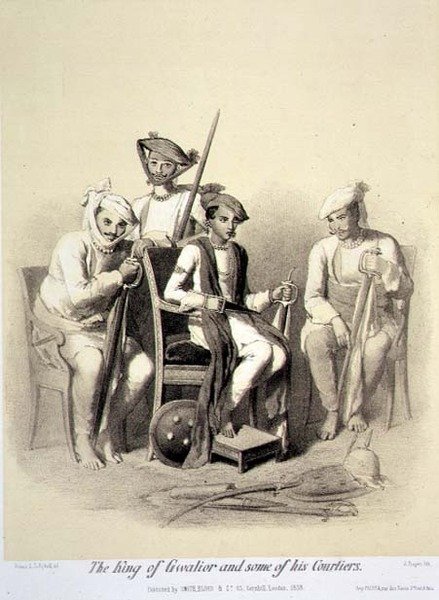 Król Gwalioru i niektórzy z jego dworzan, z „Podróży po Indiach”, ryty przez wyd. Jules Trayer (1824-1901). w Londynie autorstwa A. (after) Soltykoff