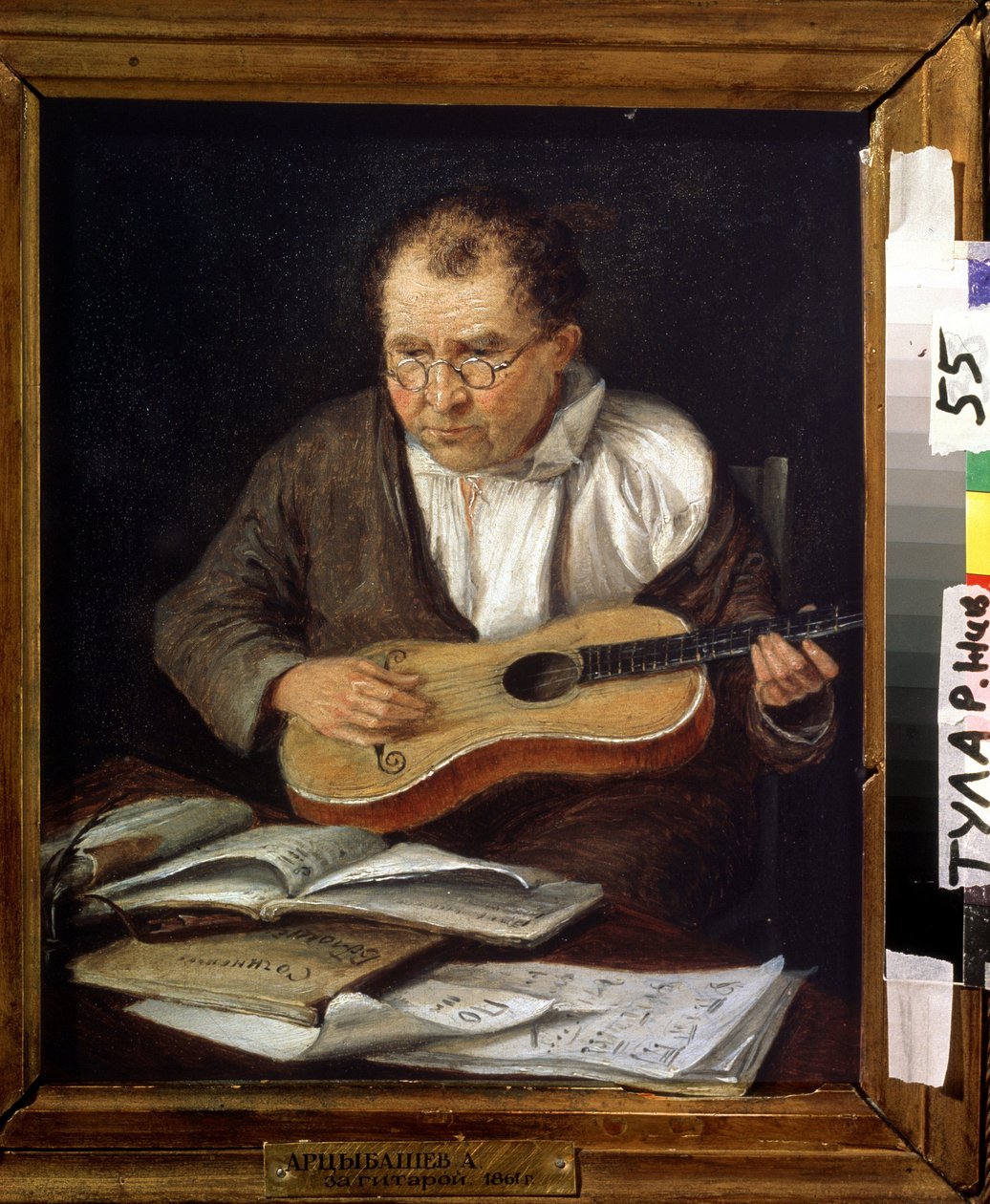 Gitarzysta. Malarstwo A. Artsybasheva (XIX wiek). Olej na płótnie, 30,5 x 26 cm autorstwa A. Artsybashev