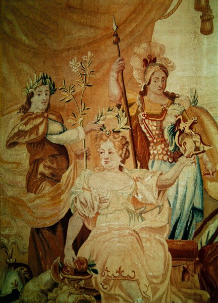 Europa, z gobelinu z czterech stron świata, fragment postaci na podwyższeniu po lewej stronie, pierwsza połowa XVIII w. autorstwa A. Baertams