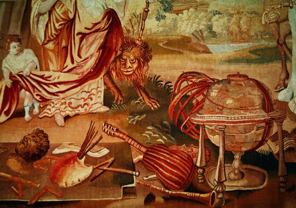 Europa, z gobelinu z czterech stron świata, u dołu po prawej stronie fragment instrumentów muzycznych, początek XVIII w. autorstwa A. Baertams