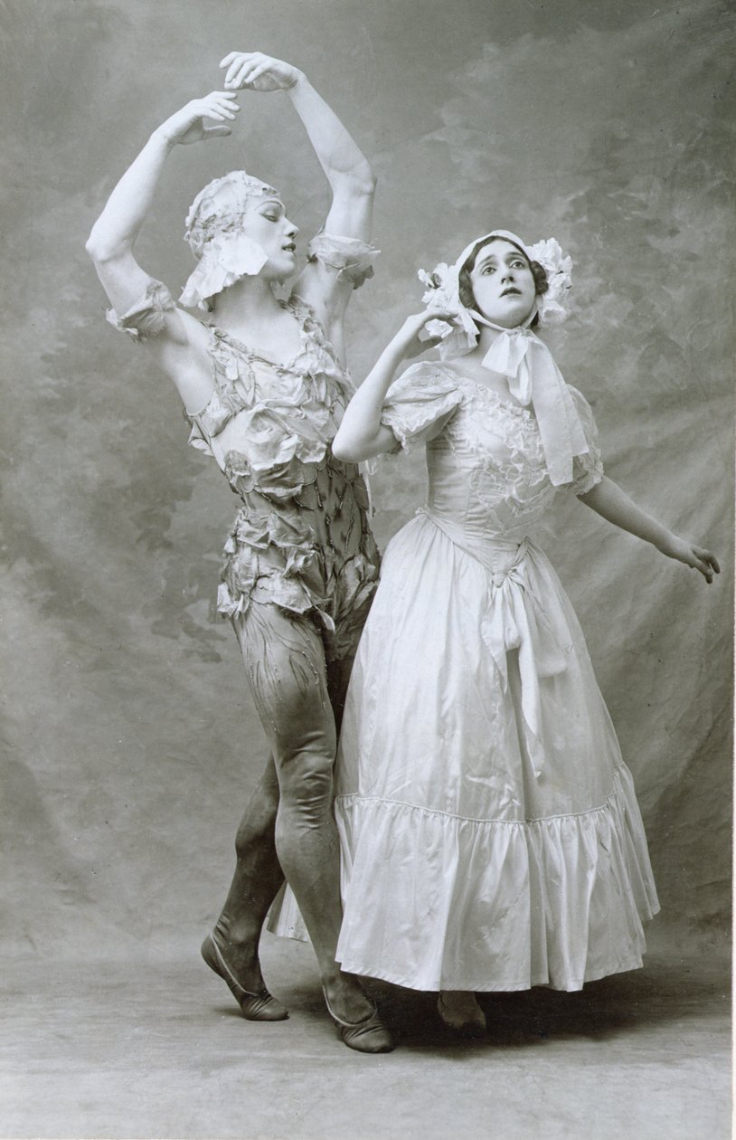 Niżyński i Karsavina tańczą w balecie „Le Spectre de la Rose” Carla Marii von Webera (1786-1826) w paryskim Teatrze Chatelet, 5 czerwca 1912 (zdjęcie w sepii) autorstwa A. Bert