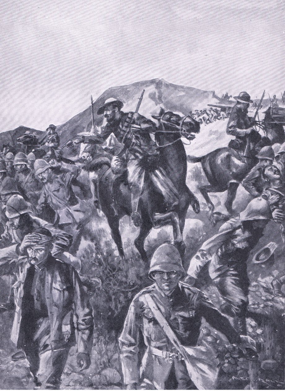 Brytyjscy jeńcy wstawiali się jako ekran, podczas gdy Burowie usuwali działo morskie, z After Pretoria: The Guerilla War opublikowanego przez Harmsworth Bros Limited, 1901 autorstwa A. C. Ball