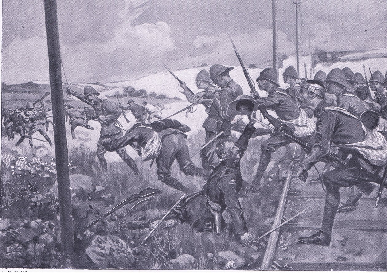 Szarża szkockich fizylierów w Fredrikstad, ilustracja z After Pretoria: The Guerilla War, 1902 autorstwa A. C. Ball