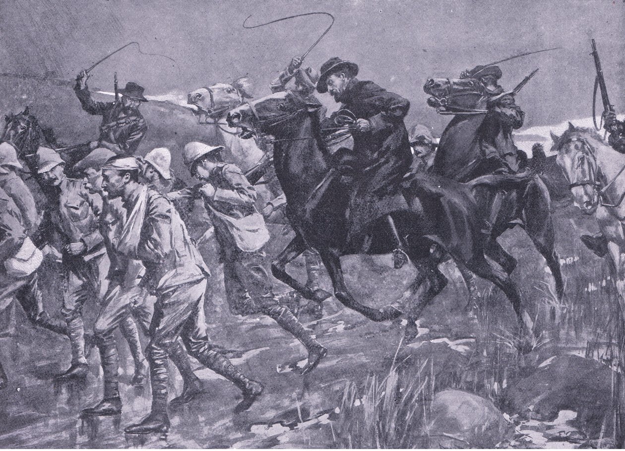 Traktowanie przez De Wetsa brytyjskich jeńców wojennych w marszu, ilustracja z filmu After Pretoria: The Guerilla War, 1902 autorstwa A. C. Ball